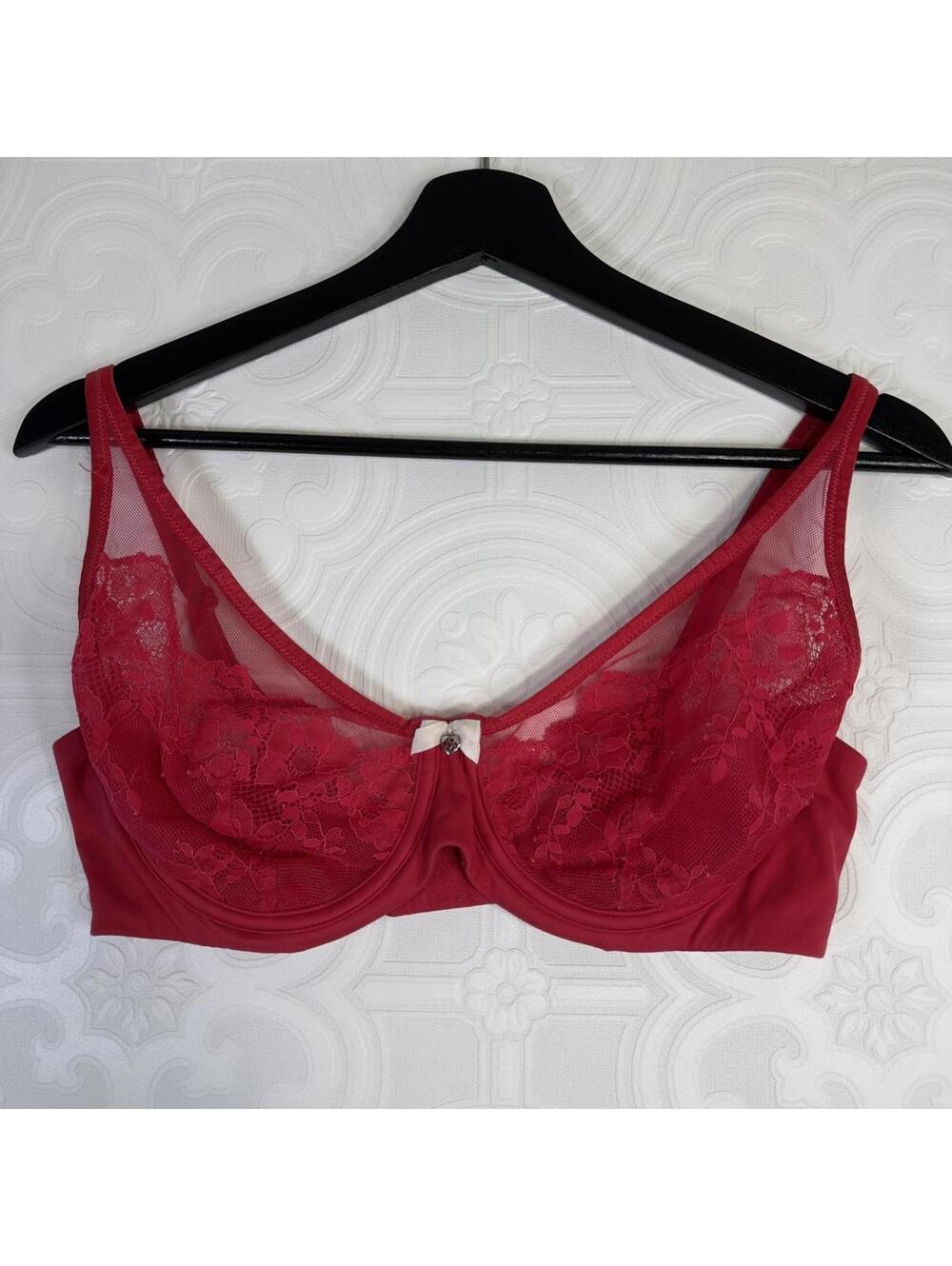 Body by Victoria's Secret Unlined Underwire Demi Bra 36D Sheer Red Lace Pink Bow